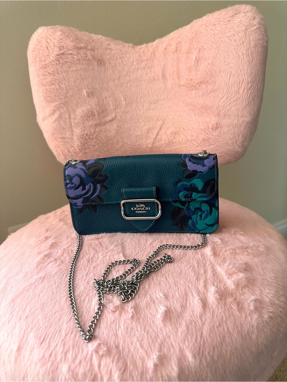 Coach Teal Floral Leather Crossbody with Silver Chain
